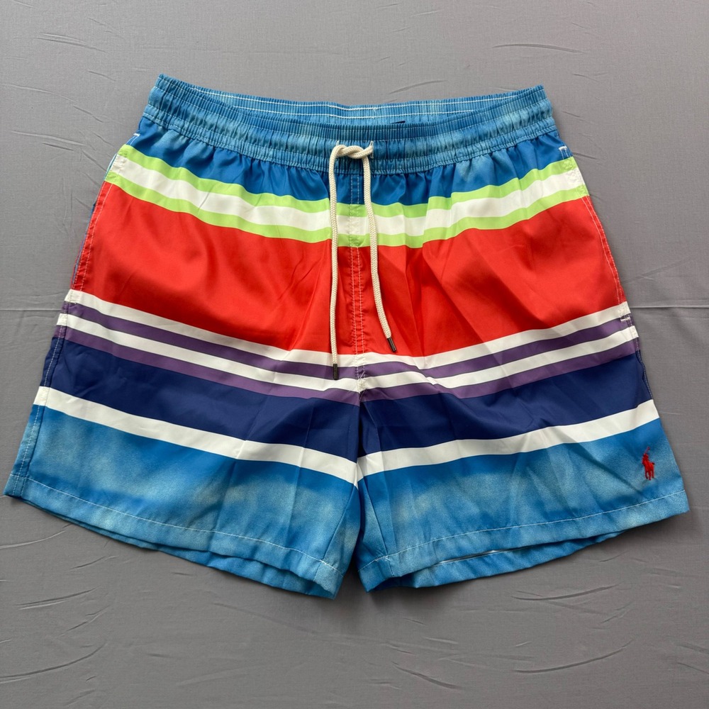 Polo Ralph Lauren Mens XL Swim Trunks Multi Color Stripe Mesh Lined Board Shorts